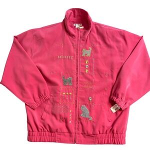 NWT Mureli Pink Cat Embroidered Jacket Womens Large Full Zip Novelty